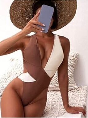 Two-Tone Brown & Cream Cutout One-Piece Swimsuit